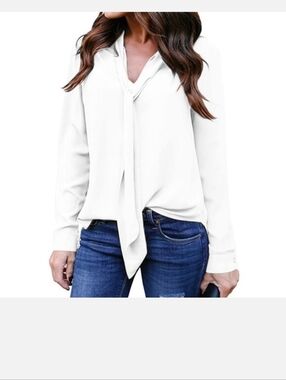 Women’s White Tie-Neck Long Sleeve Blouse